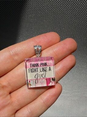 Inspirational Pink 'Think Pink... Fight Like a Girl' Square Pendant Necklace